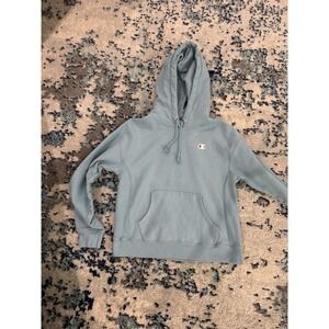 Champion Y2K Faded Reverse‎ Weave Unisex Medium Hoodie Light Blue